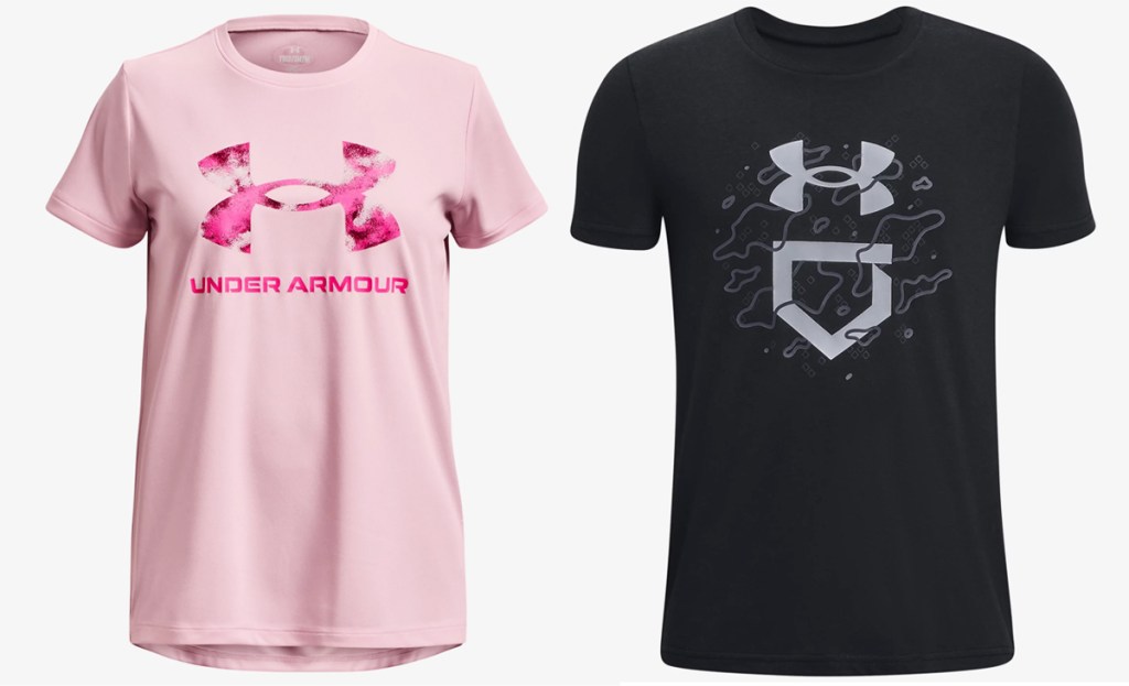 pink and black under armour graphic tees