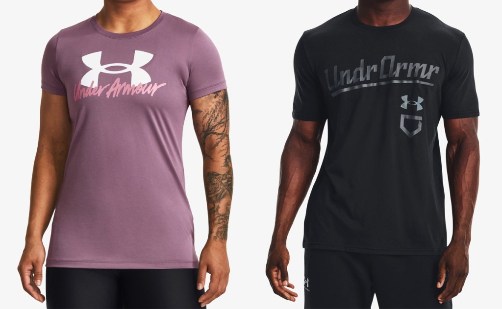 man and woman in under armour graphic tees