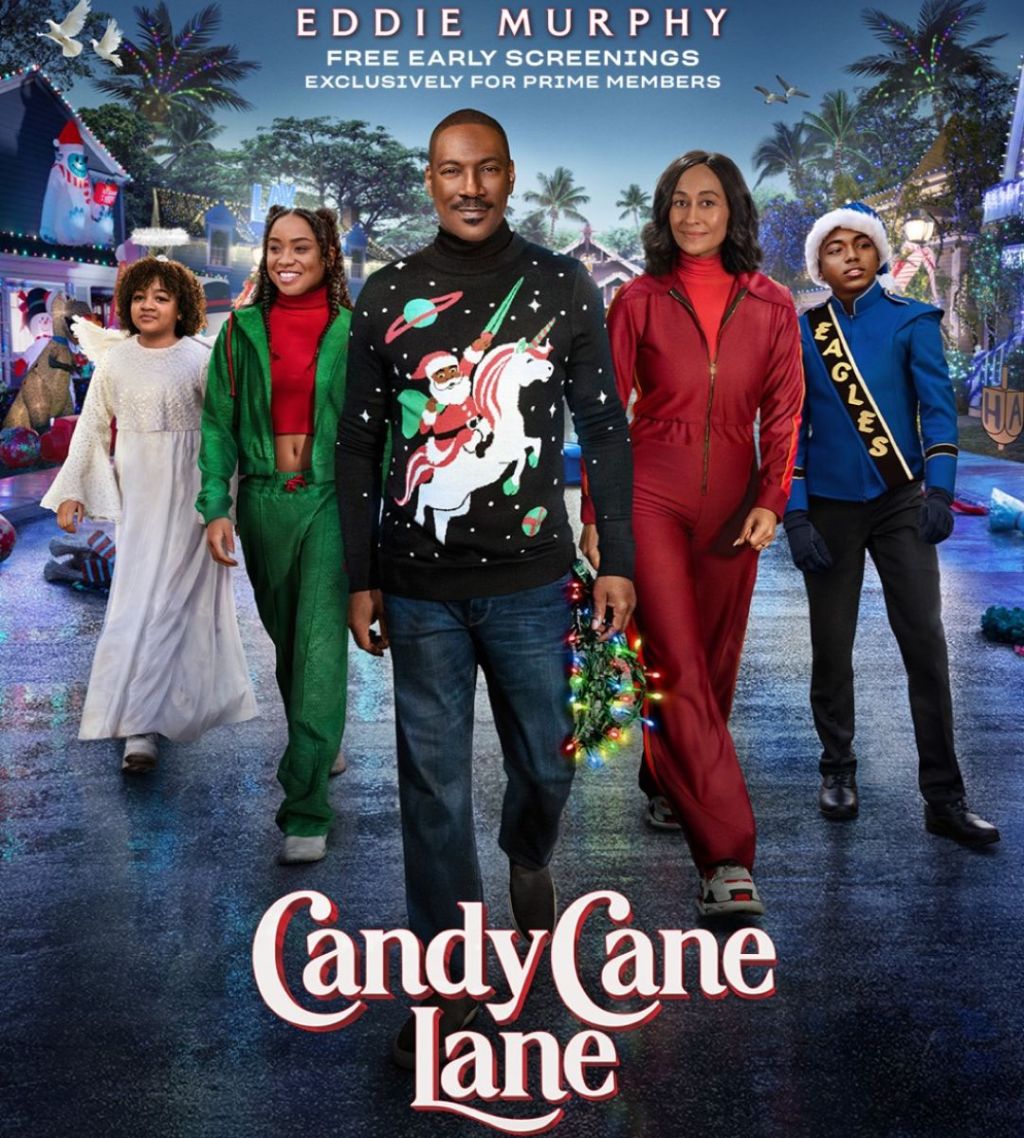 Candy Cane Lane Amazon Prime Movie Poster showing Eddie Murphy, Tracee Ellis Ross and other stars