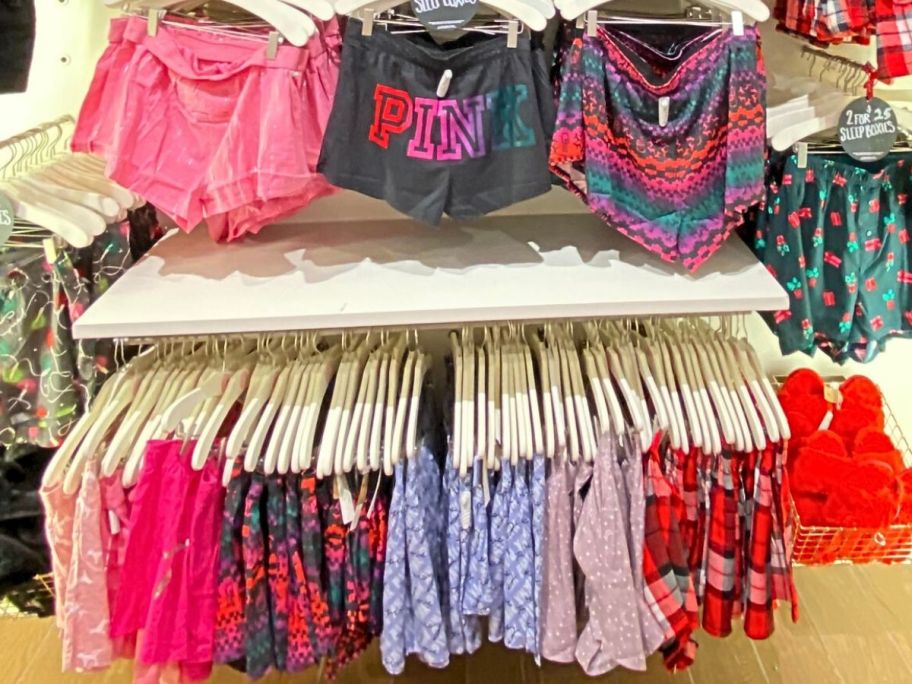 A wall of Victoria's Secret PINK Boxer shorts