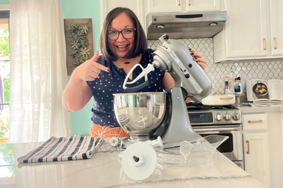 Woman using a KitchenAid Artisan Mixer from QVC