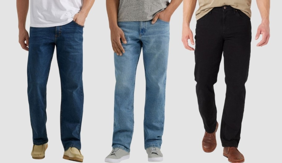 3 men wearing the same style of wrangler jeans in 3 different washes