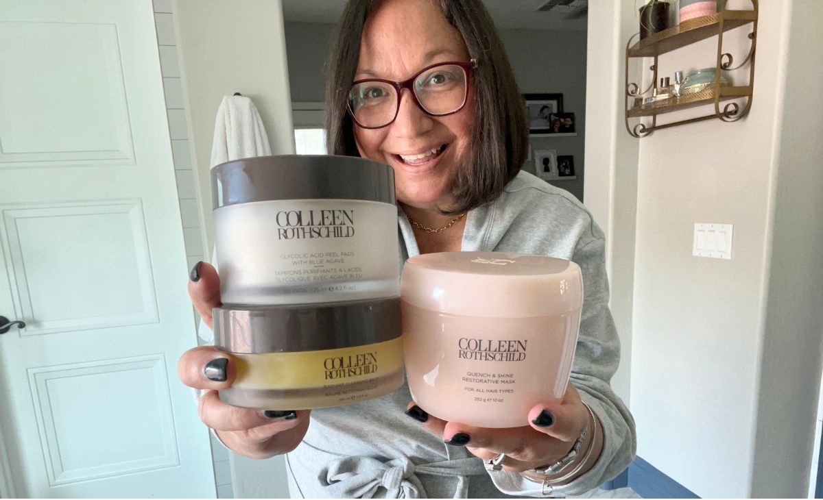 a woman holding 3 products from the colleen rothschild beauty line