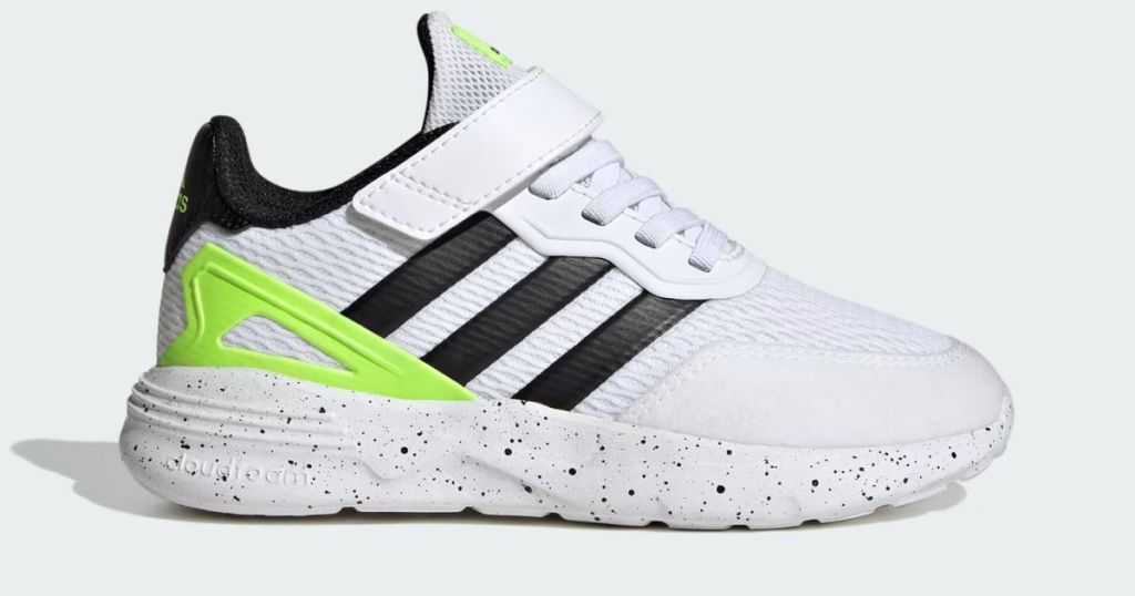 blue and neon green and white adidas shoe