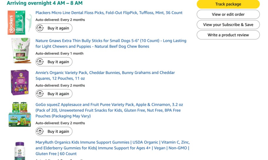 annies snacks, plackers, gogo squeez, mary ruth, and nature gnaws screenshot of order