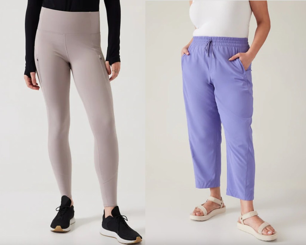 women in grey leggings and purple pants