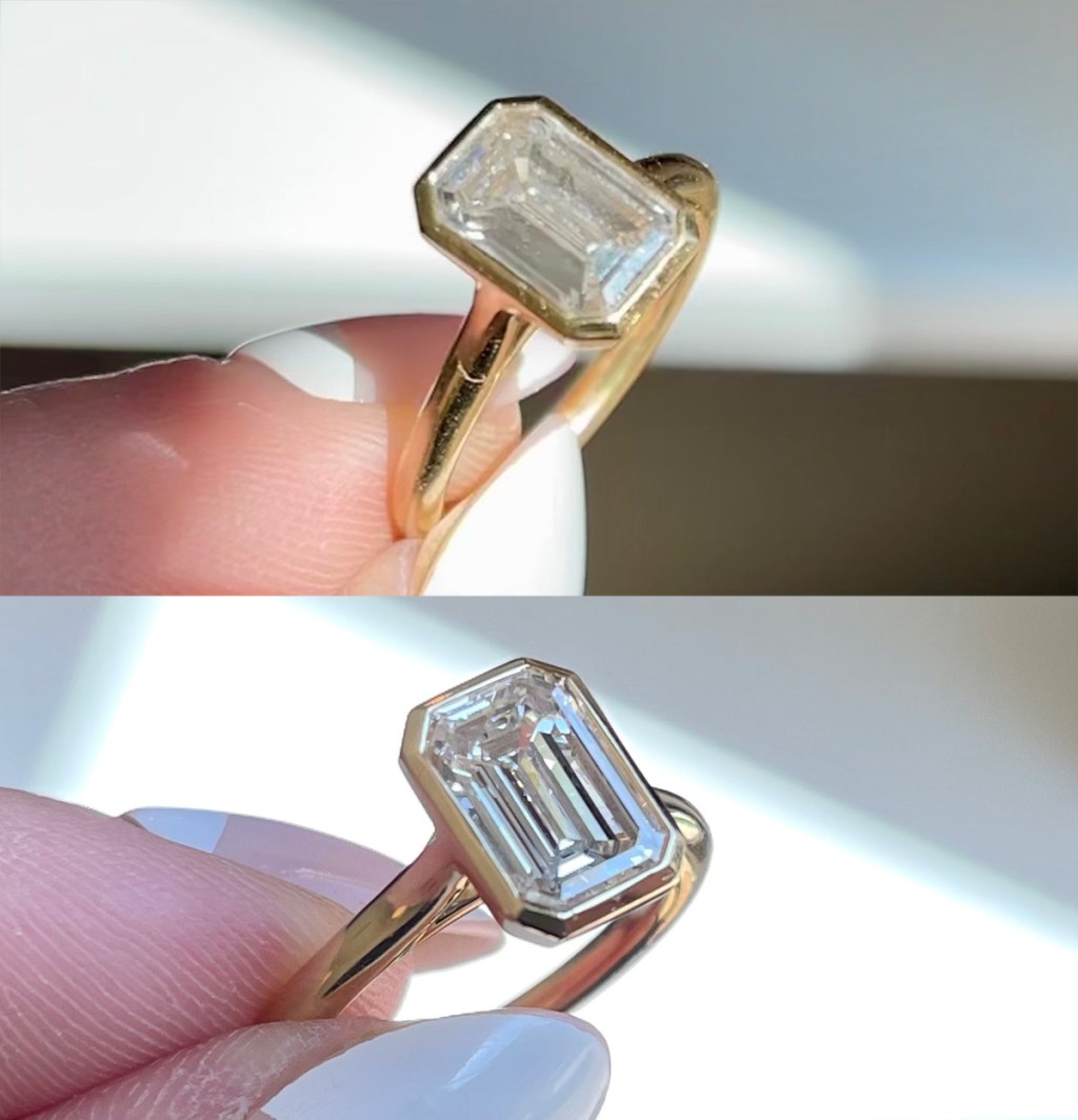 A beautiful engagement ring before and after using the diamond dazzle stik