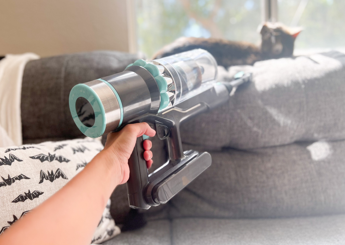 handheld vacuum on couch next to cat