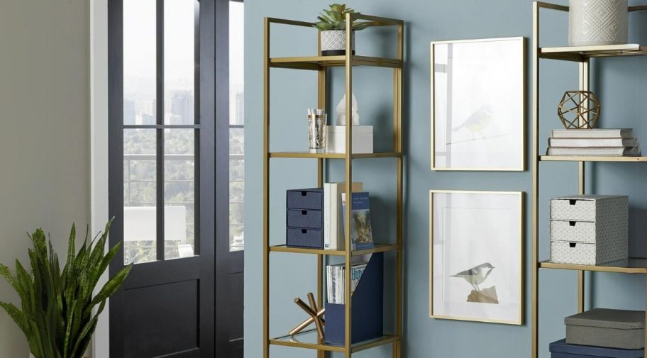 narrow nola bookcase in a living room