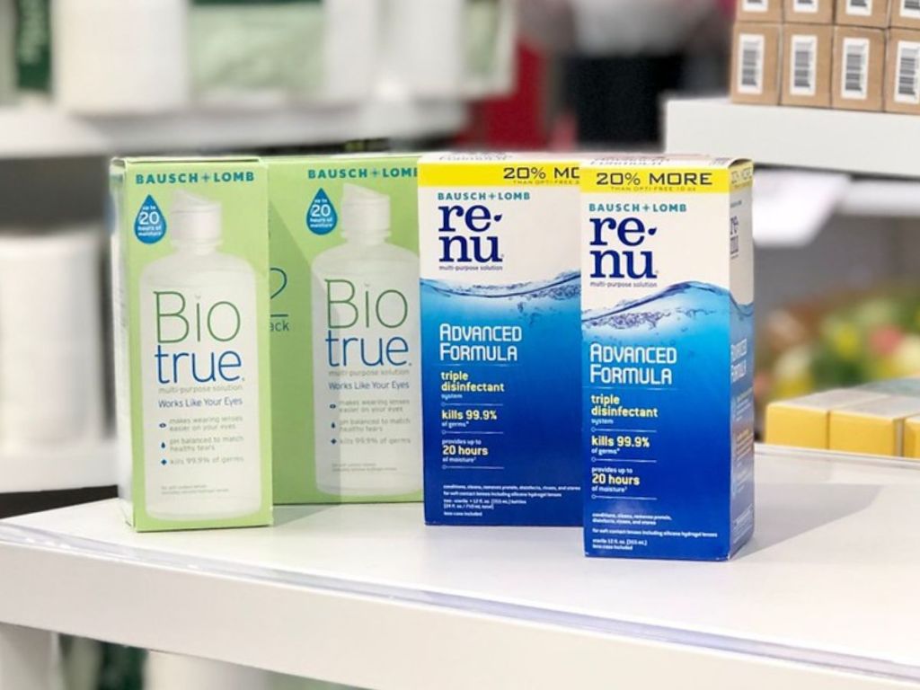 bottles of renu contact solution and bio true contact solution on table