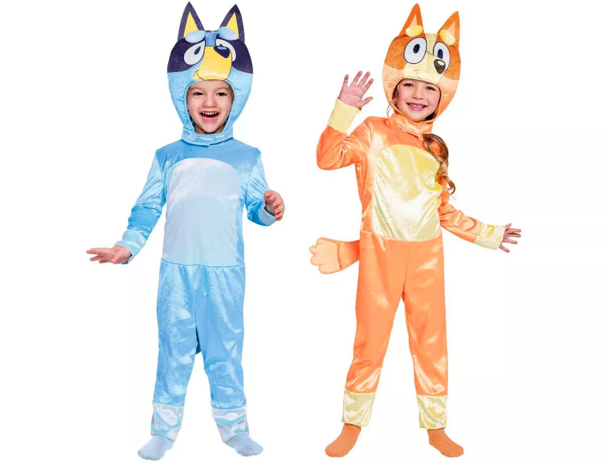2 kids wearing bluey and bingo costumes from target