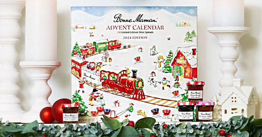 bonne maman advent calendar on shelf with jars of jam