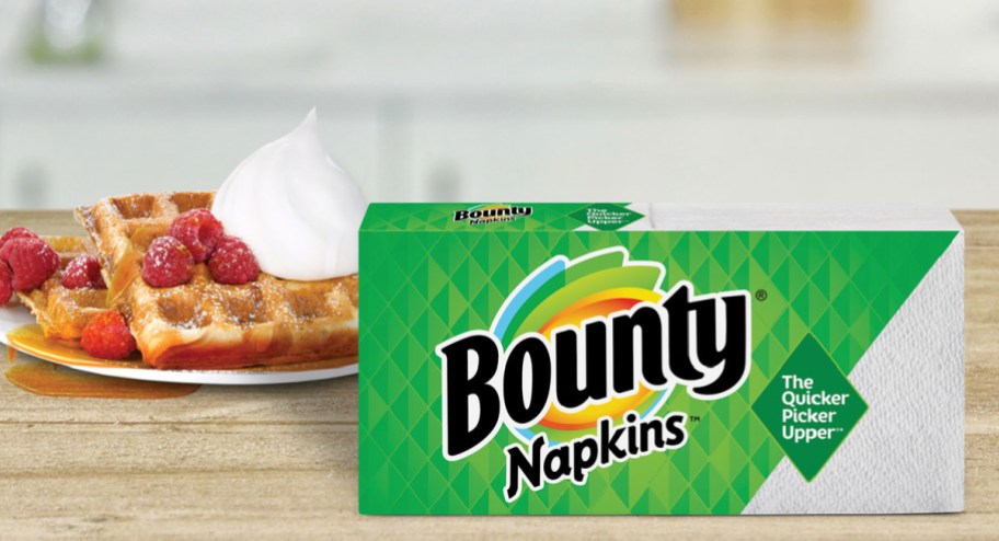 bounty napkins packet displayed with waffles and fruit behind