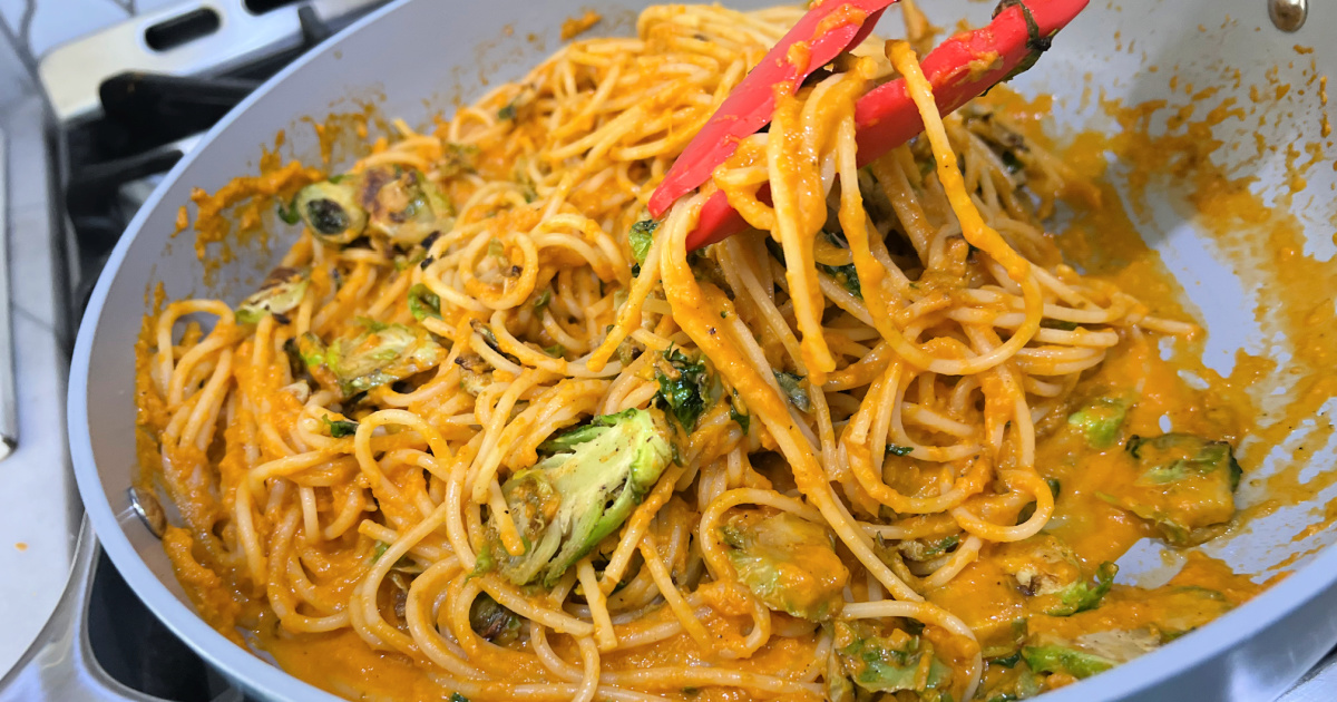 Easy Butternut Squash Pasta with Garlic Sage Brussels Sprouts