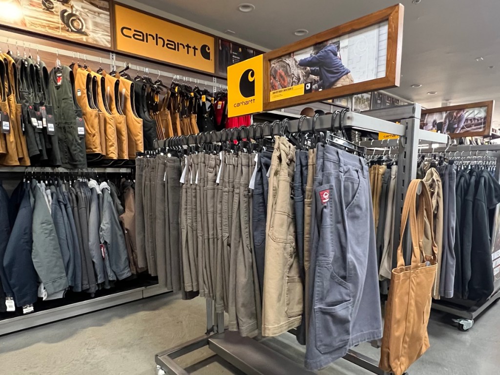 carhartt mens shorts hanging in store