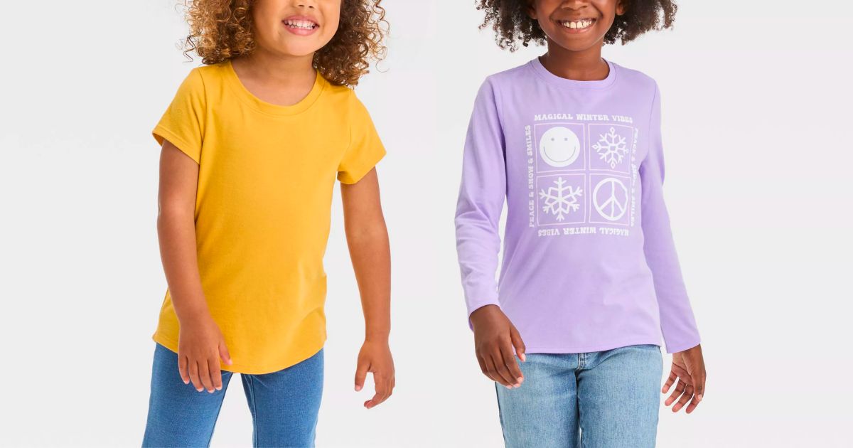 two little girl models wearing cat and jack girls tops