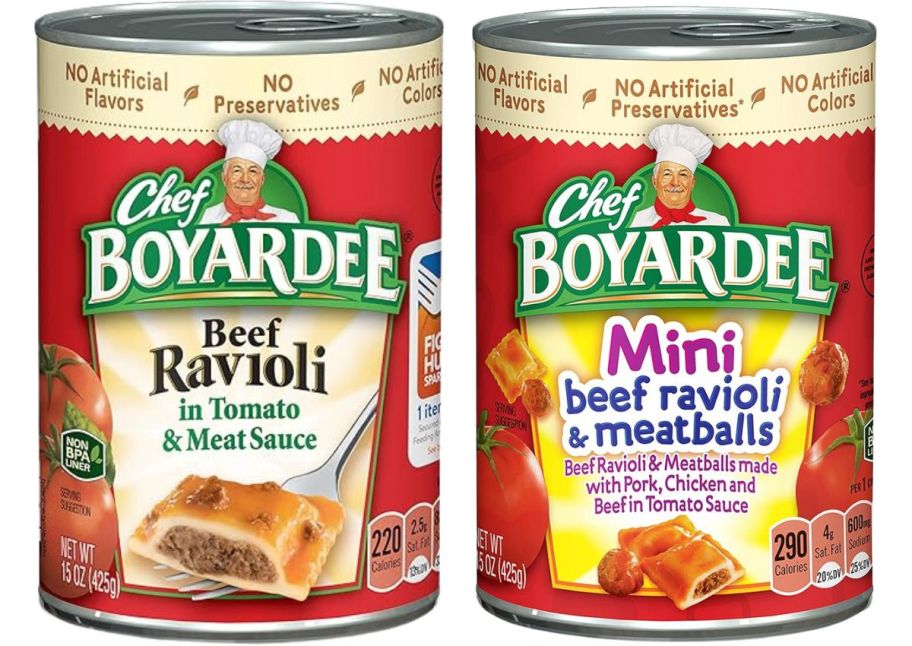 15oz cans of chef boyardee canned pasta ravioli and mini ravioli with meat balls