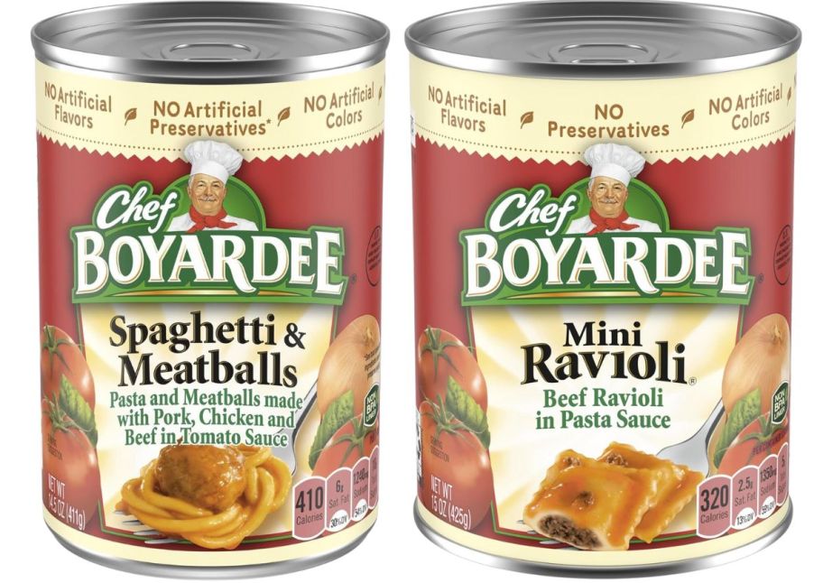 15oz cans of chef boyardee canned pasta in spaghetti & meatballs and mini ravioli