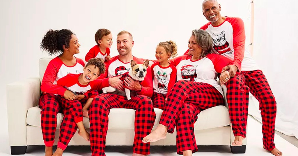 family wearing black and red frenchie pajamas
