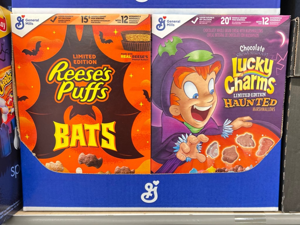 display of General Mills Lucky Charms Halloween or Reese's Peanut Butter Bats