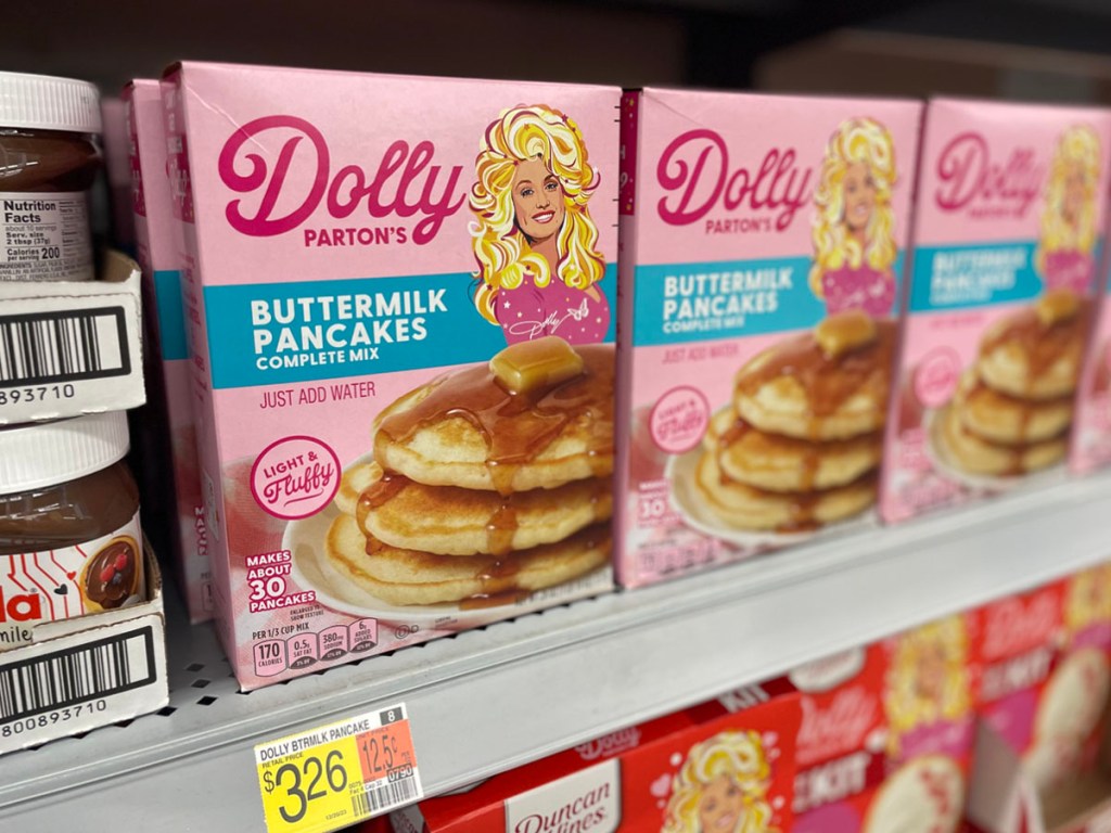 dolly parton buttermilk pancakes box on shelf in walmart store