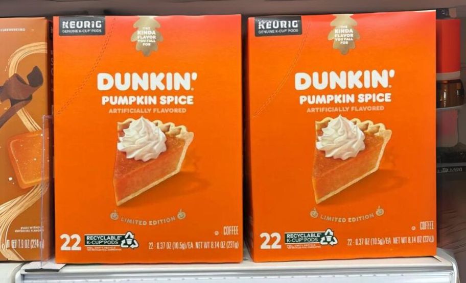 two 22-count boxes of dunkin pumpkin spice k-cup on a store shelf