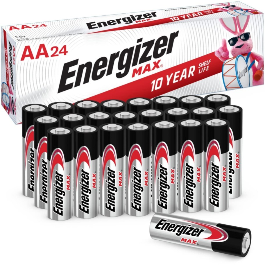 24-pack of AA batteries on white background