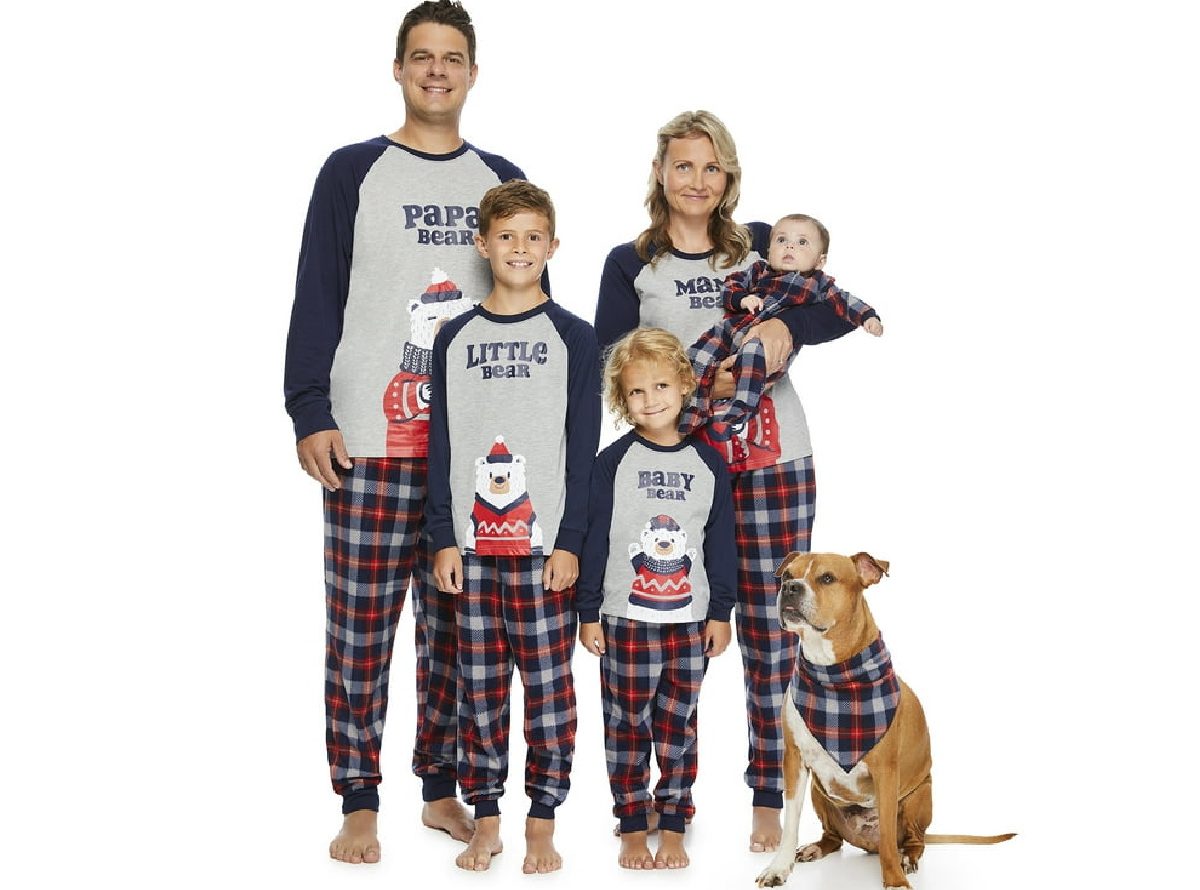 family wearing fleece set pajamas