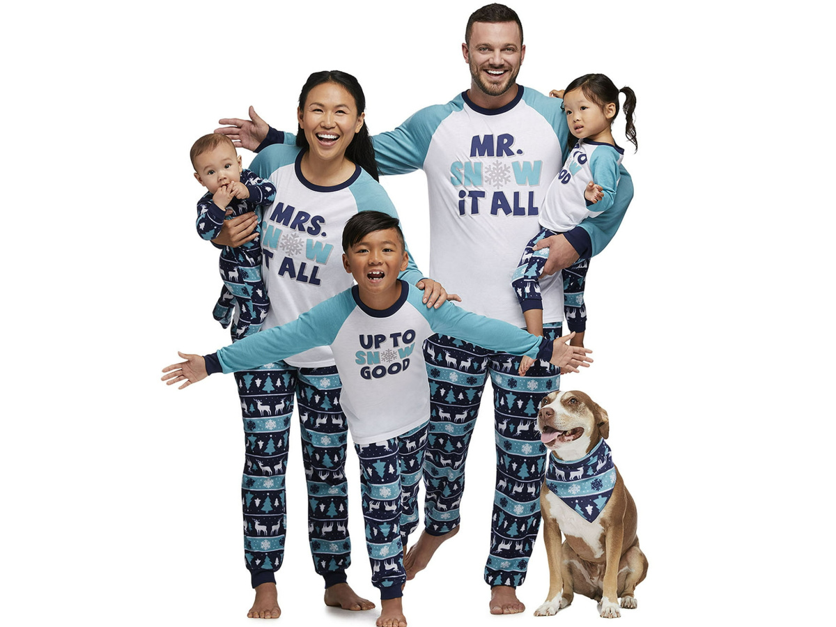 family wearing snow fall pajamas