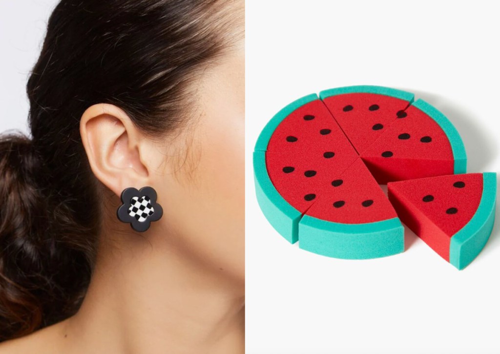 checked earrings and watermelon sponge
