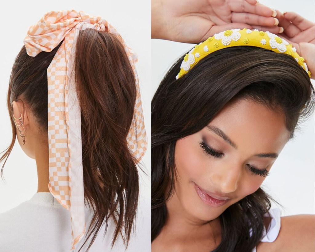 checkered hair bow and yellow headband