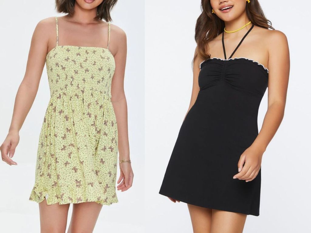 woman wearing yellow floral dress and woman wearing black lettuce top dress