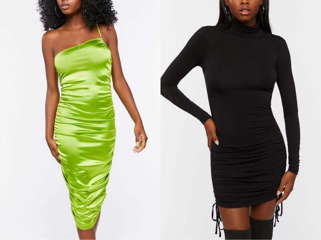 silky shiny neon green dress and black turtleneck dress