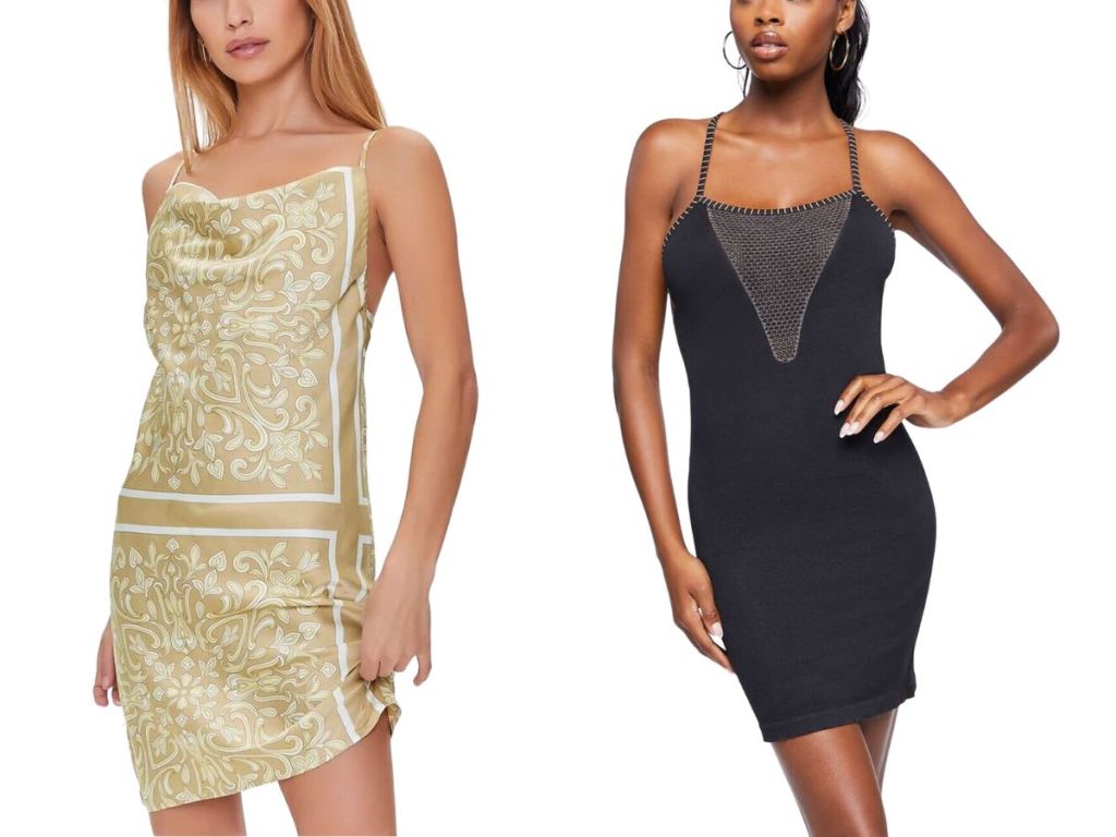 woman wearing gold and white satin dress and woman wearing black and mesh dress