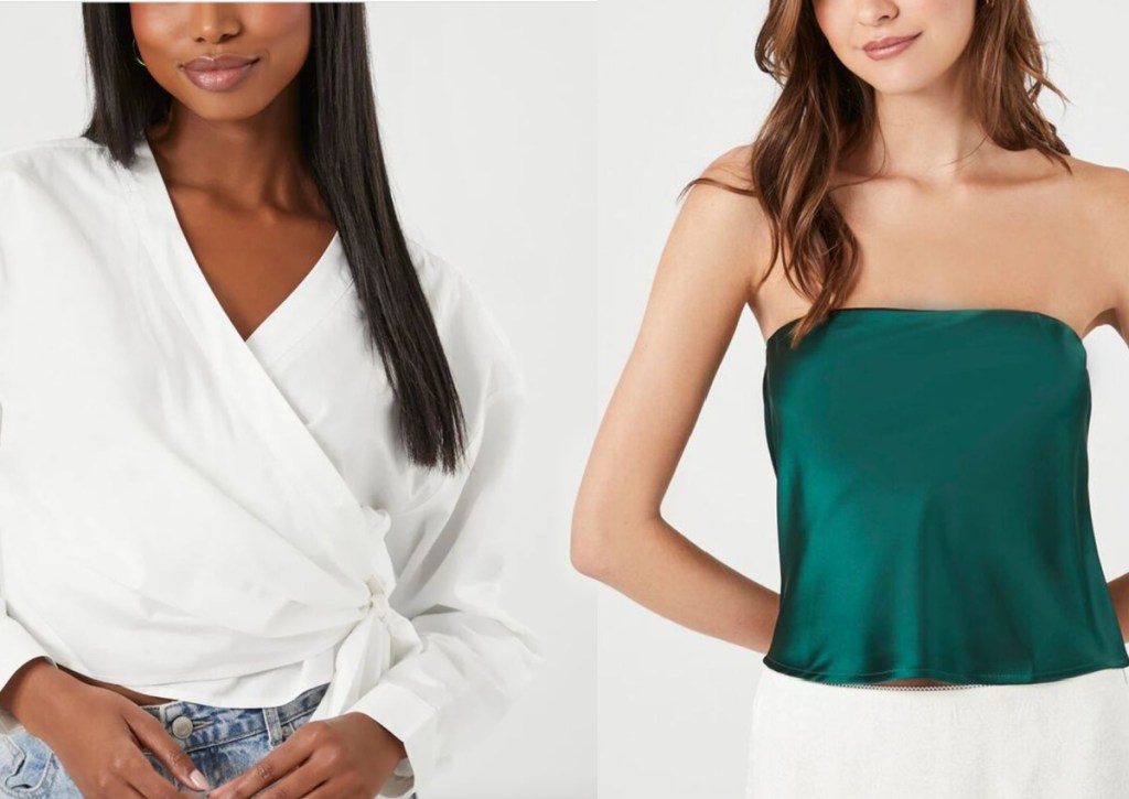 white wrap and green satin shirt 