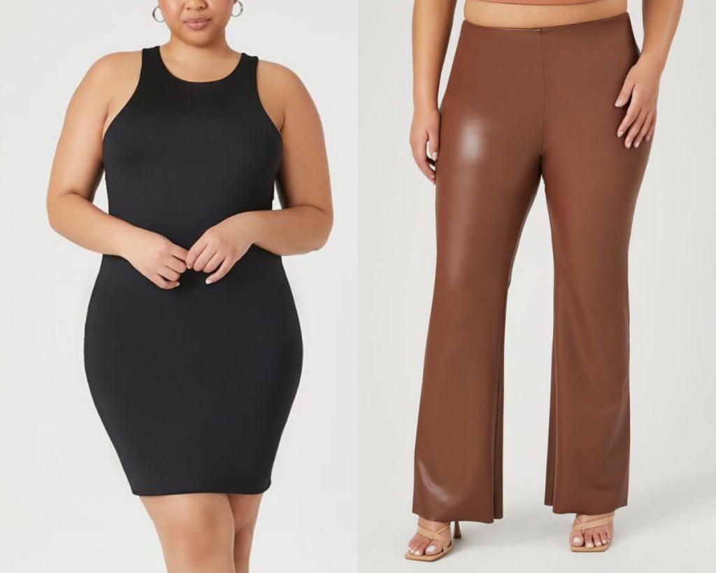 women wearing plus size black dress and chocolate pants