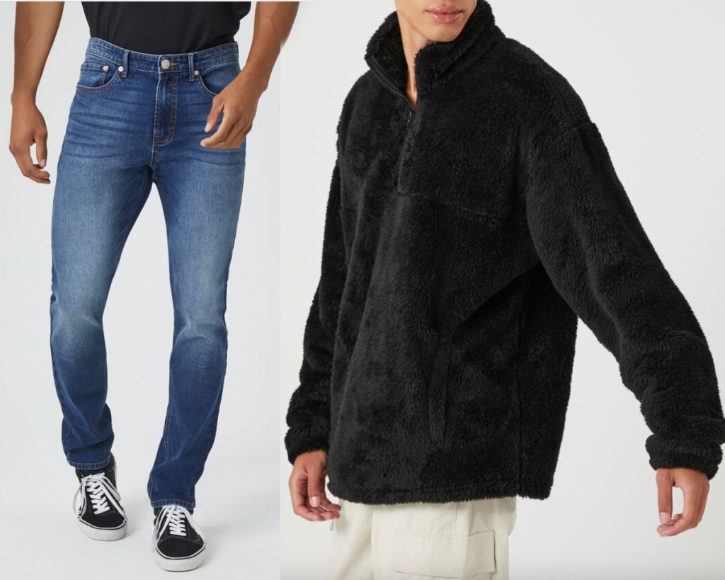 men waring skinny jeans and black fur jacket