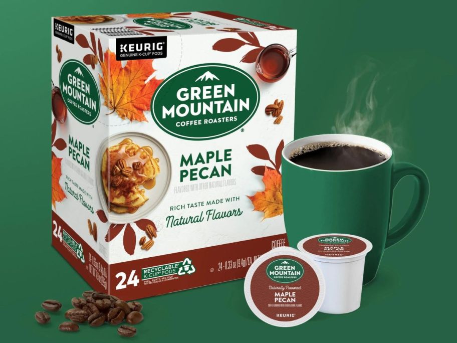 Green Mountain Coffee Roasters Maple Pecan Light Roast Coffee K-Cups 24-Count stock image with coffee cup and k cups next to it