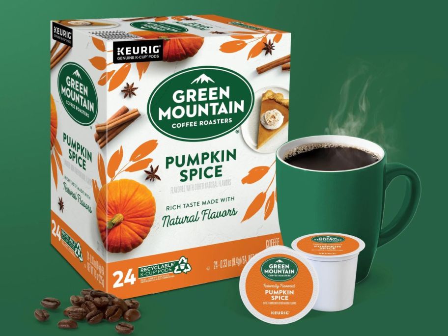 Green Mountain Coffee Roasters Pumpkin Spice Light Roast Coffee K-Cups 24-Count stock image with coffee cup and k cups next to it