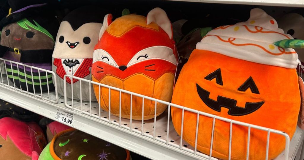 A shelf of Halloween Squishmallows at Kroger