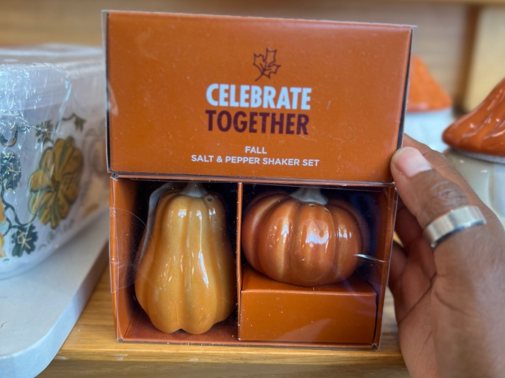 hand holding Celebrate Together Fall Harvest Pumpkin Salt and Pepper Shaker Set displayed at the store