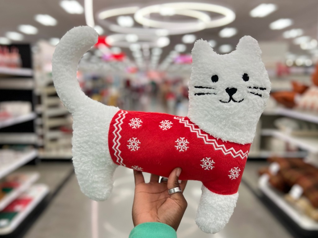 hand holding cat pillow inside of the store