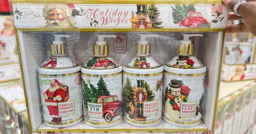 hand holding one box of holiday wishes hand soap