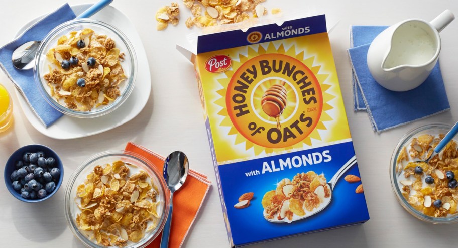 honey bunches of oats with almonds displayed on a table