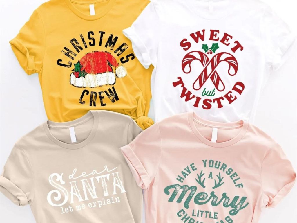 variety of colorful graphic Christmas tees