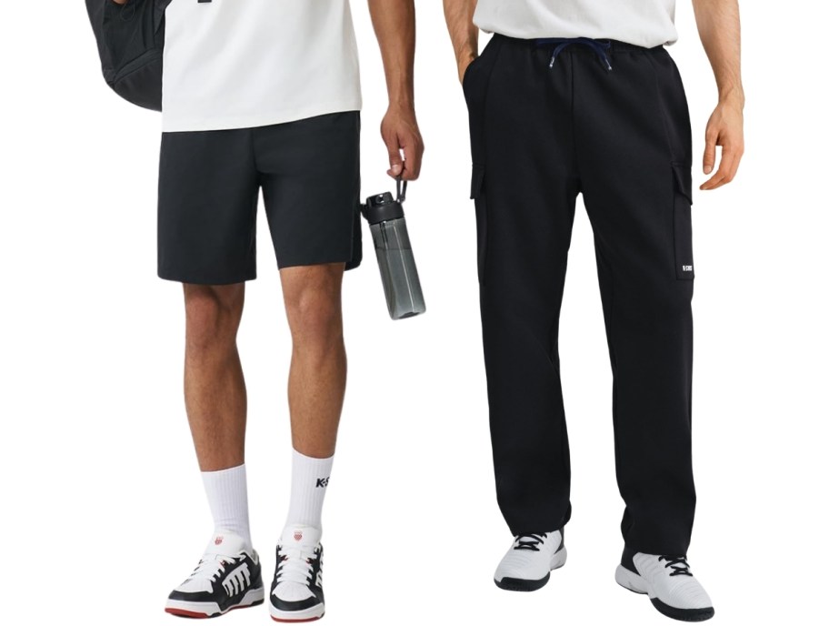 men wearing k swiss shorts and cargo joggers