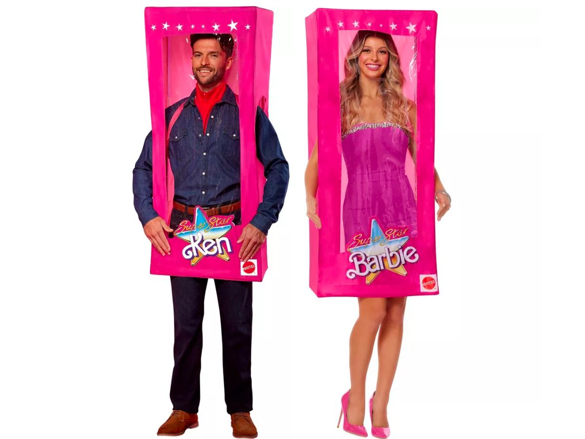 a man in a ken doll box costume and a woman in a barbie doll box costume