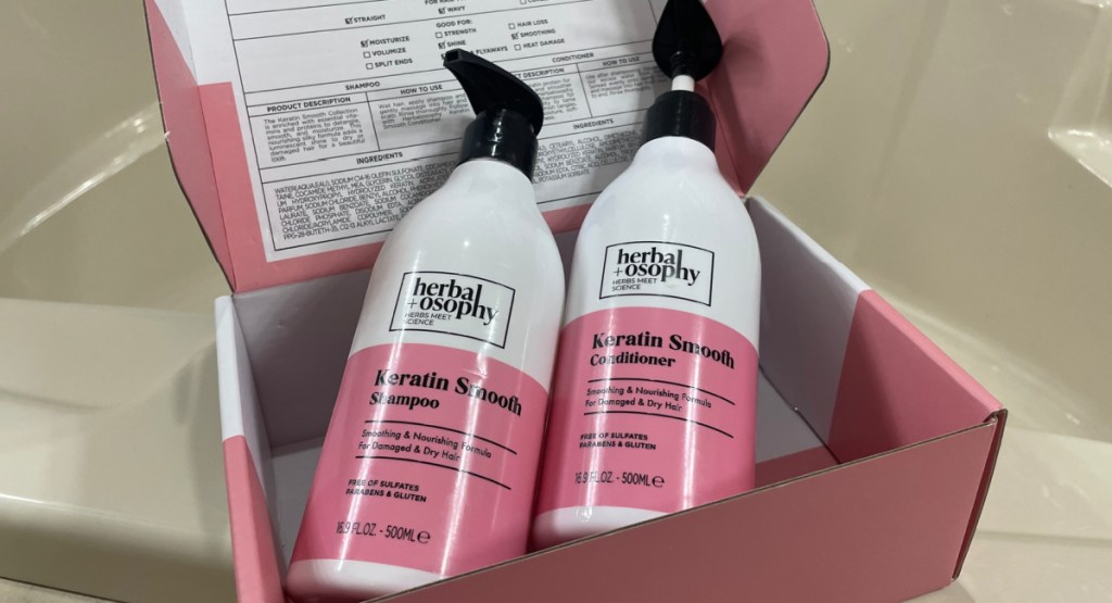 keratin shampoo and conditioner displayed in the box it arrives in
