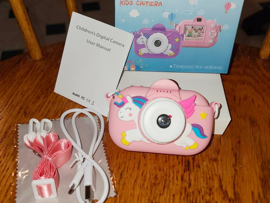 pink unicorn kids camera with accessories