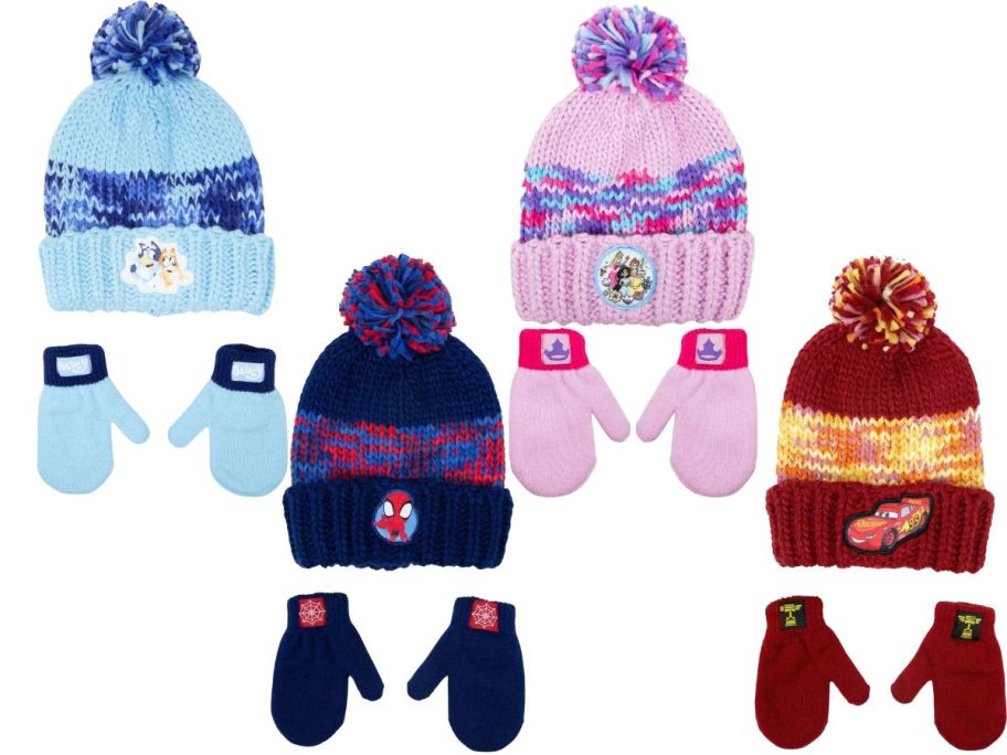 four kids character beanies with mittens sets